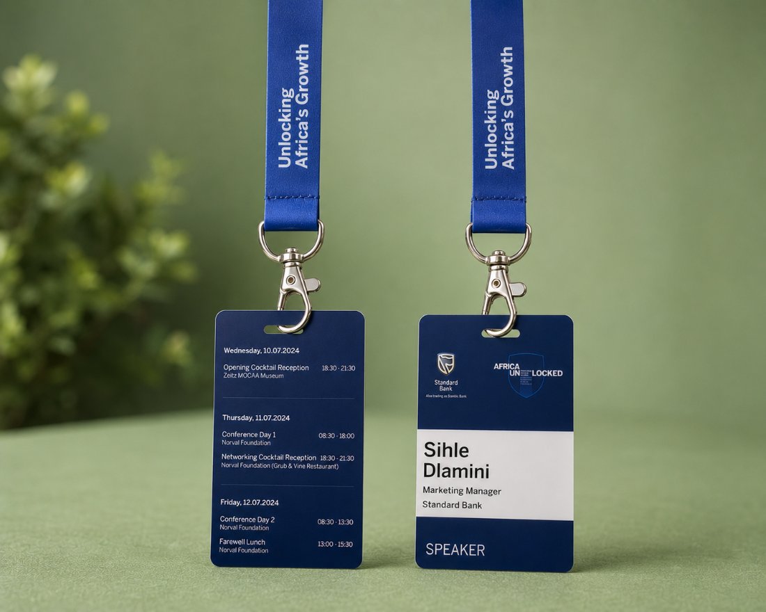 Navy PVC delegate tags, full colour both sides