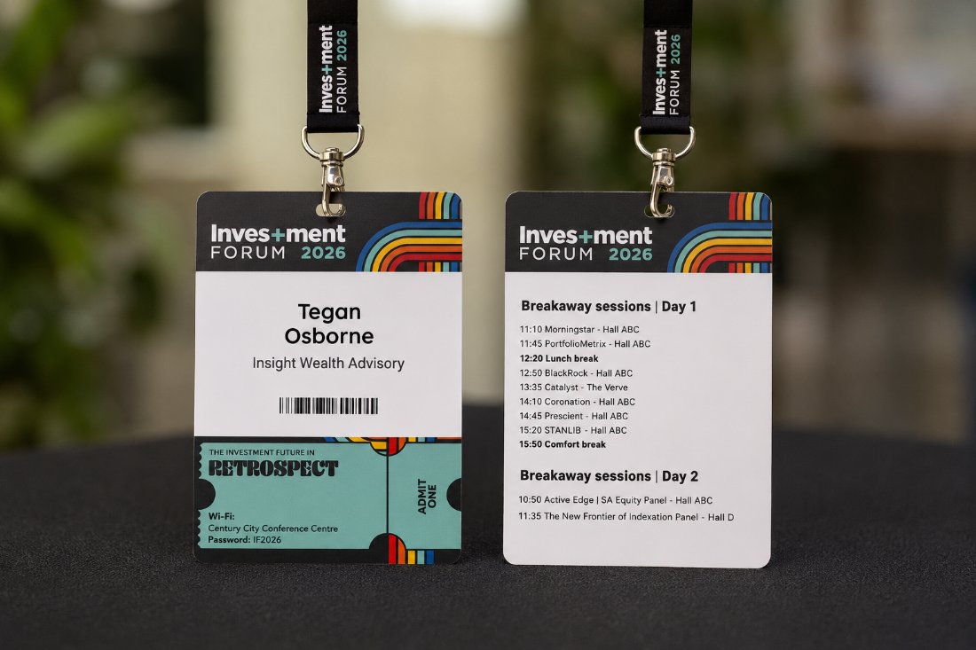 Investment Forum 2026 corporate badges with session schedules