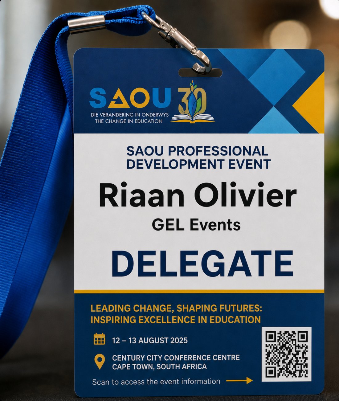 Pre-printed SAOU professional development delegate name tag produced by GEL Events