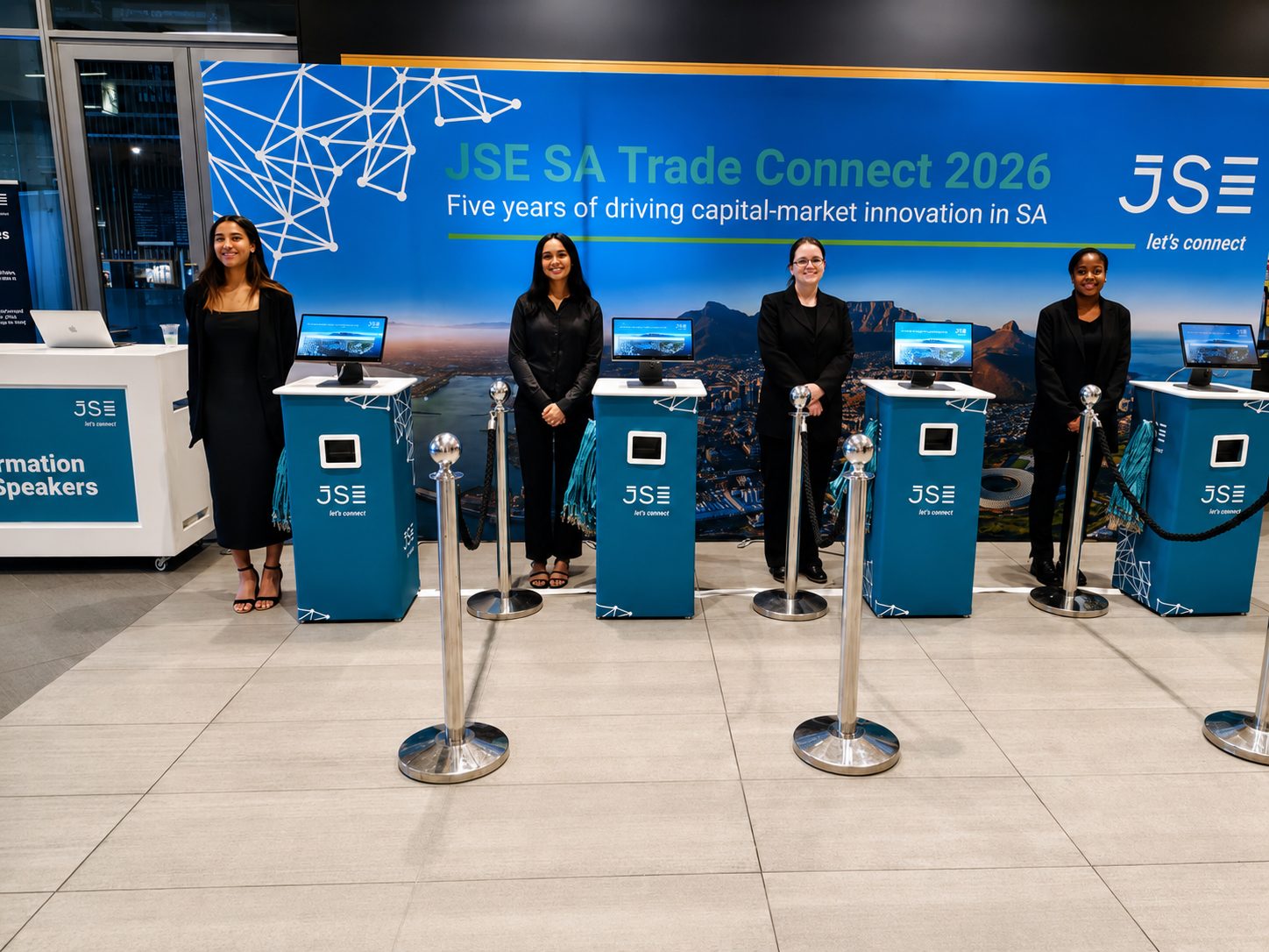 JSE-branded self-service check-in kiosks and GEL staff at JSE SA Trade Connect 2026