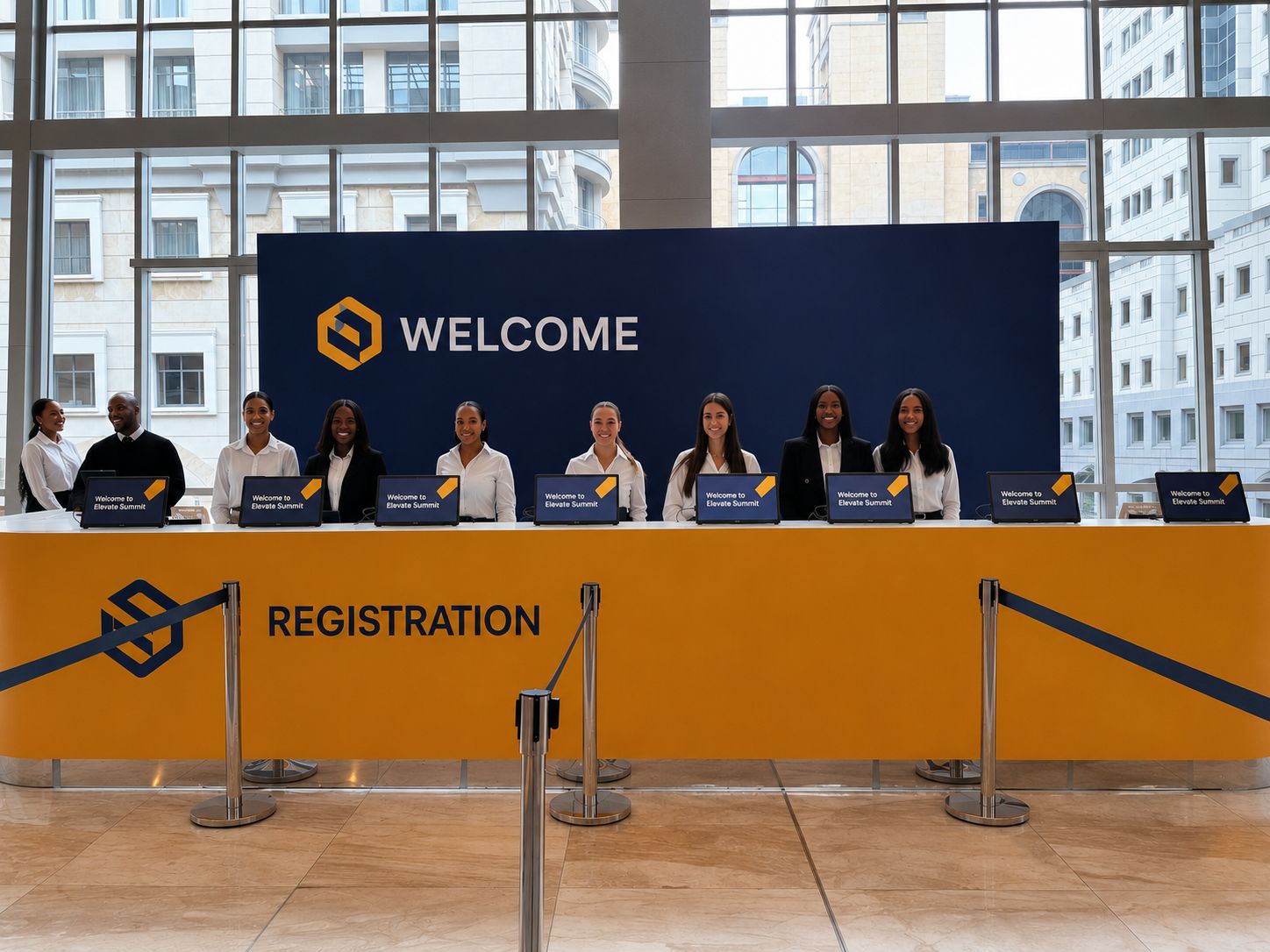 GEL staff lined up behind a branded WELCOME registration desk with laptops