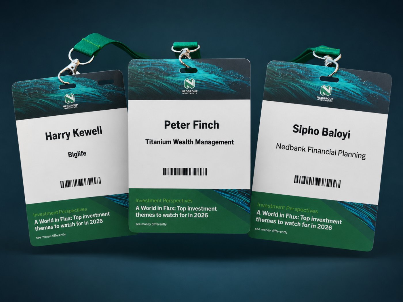 Three Nedgroup Investments paper delegate badges with barcodes and event schedule on green lanyards