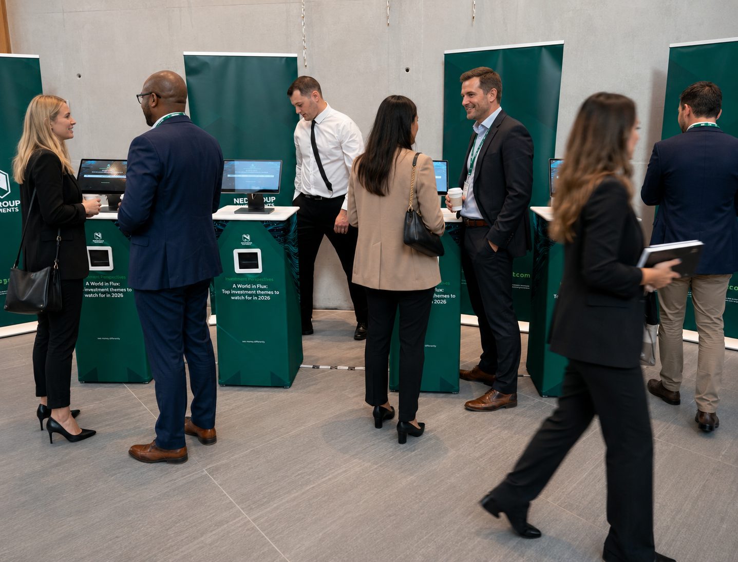 Guests using Nedgroup Investments self-service kiosks with GEL staff on hand