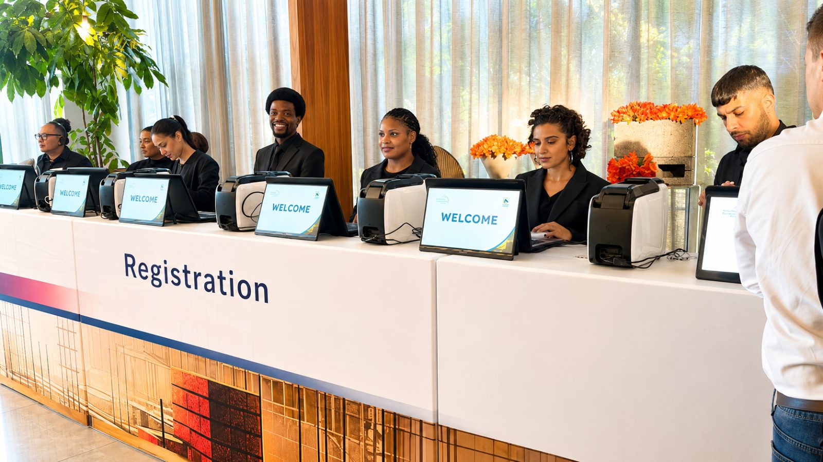 A staffed GEL welcome and registration desk with badge print stations