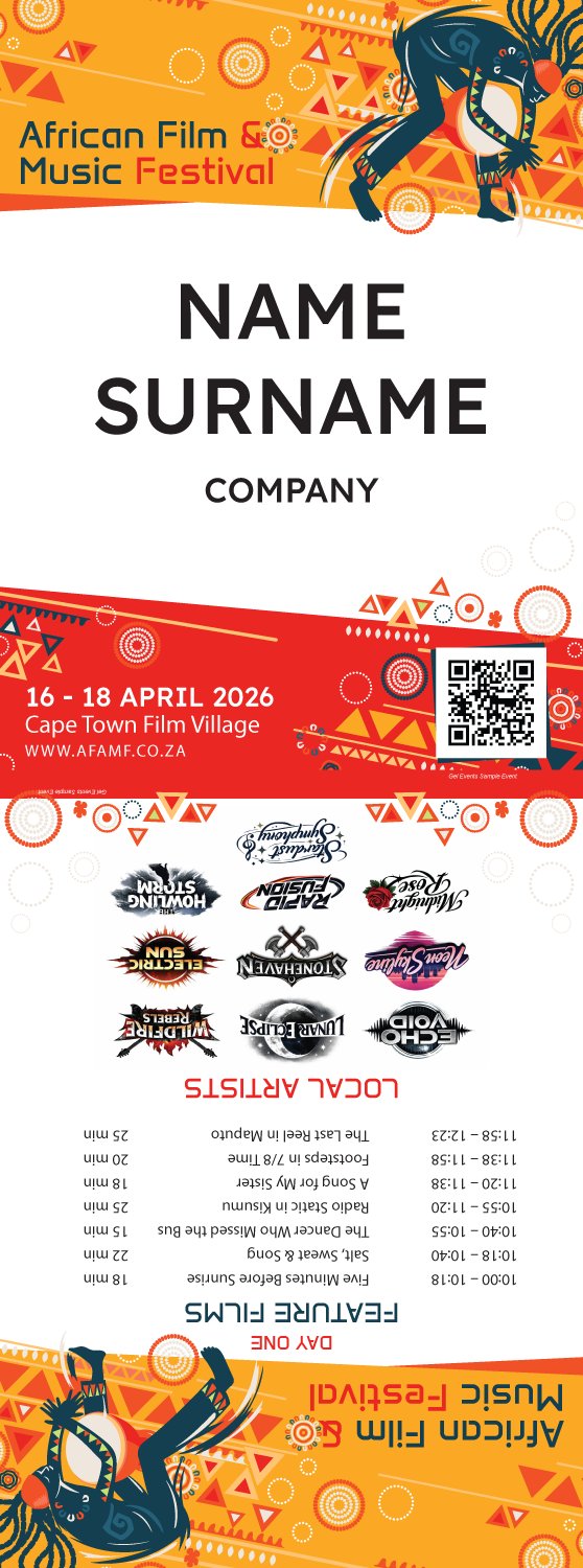African Film & Music Festival butterfly name tag with QR code and schedule