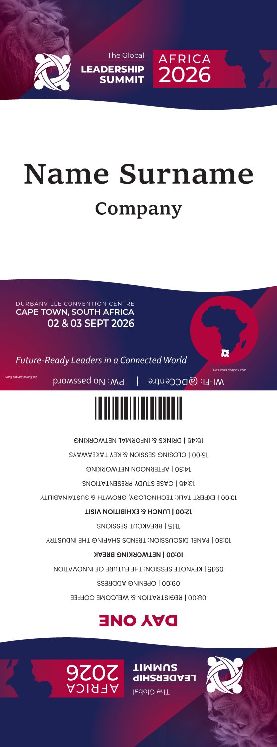 Global Leadership Summit Africa 2026 butterfly name tag with full programme on the reverse