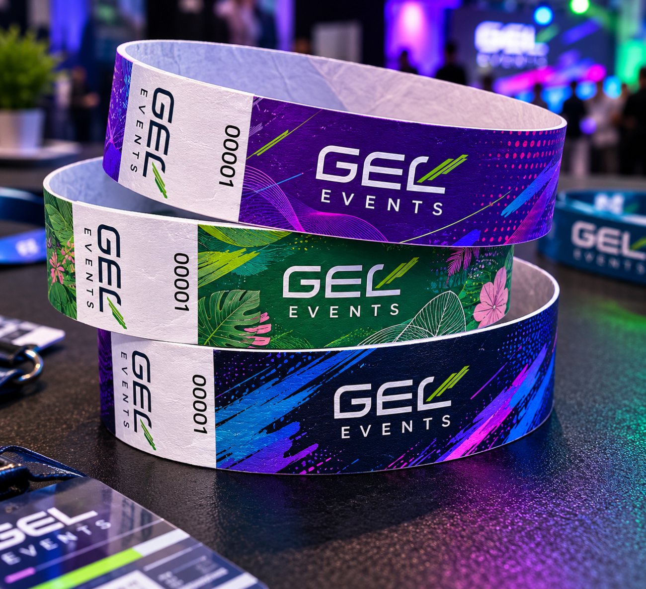 Custom-printed GEL Events Tyvek wristbands with full-colour artwork and serial numbers